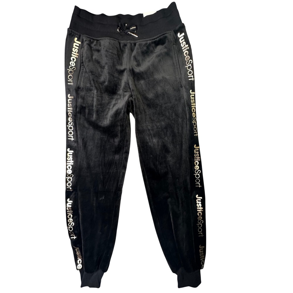 Justice Sport Velour Joggers Black Gold Logo Tape Girls Size M 10 Athleisure NEW